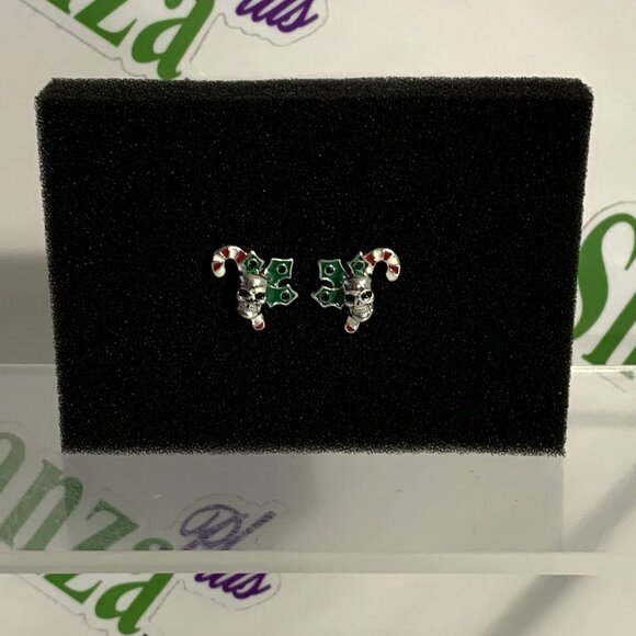 Earrings Skull Skeleton Candy Cane Holly Studs Studded Jewelry Christmas Gothic - Picture 1 of 3